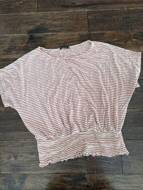 Staccato White Top with Red Stripes and Smocked Hem